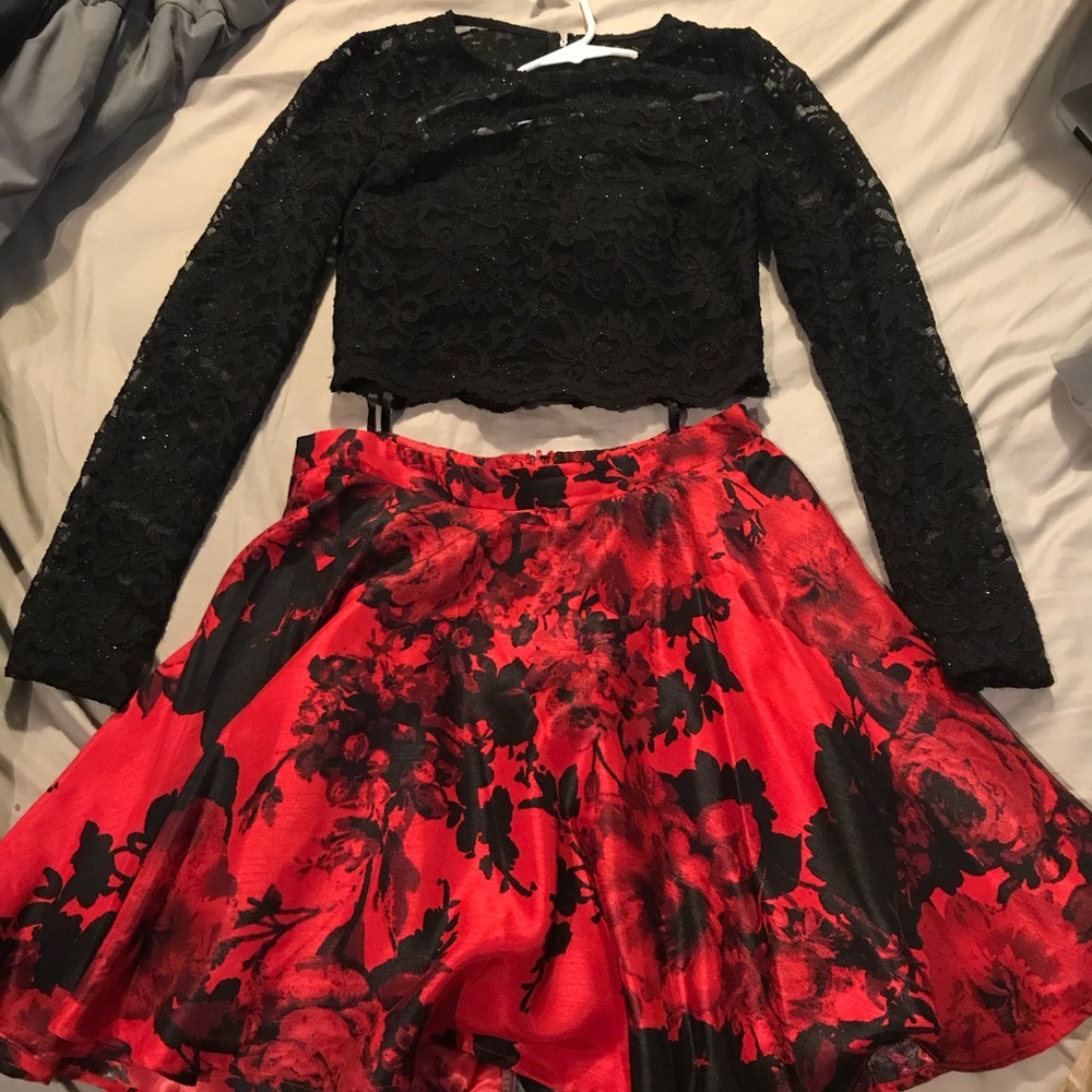 Black long sleeve top, short red floral prom dress